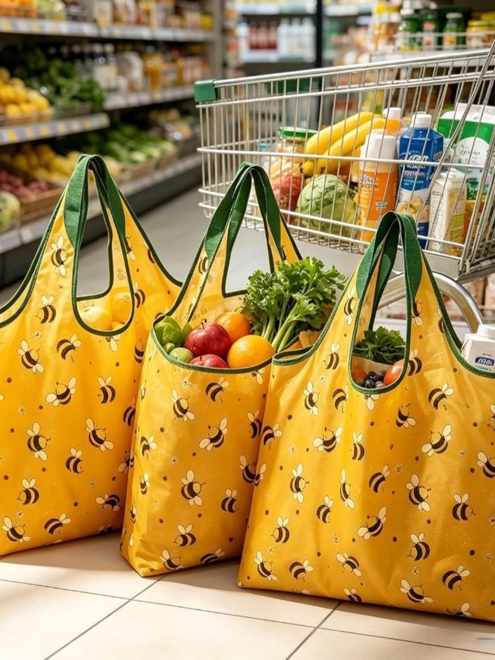 Yellow Bee Print Reusable Grocery Tote Bag